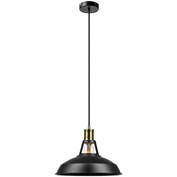 A Globe black and gold pendant light fixture with a metal shade over a table in a coffee shop.