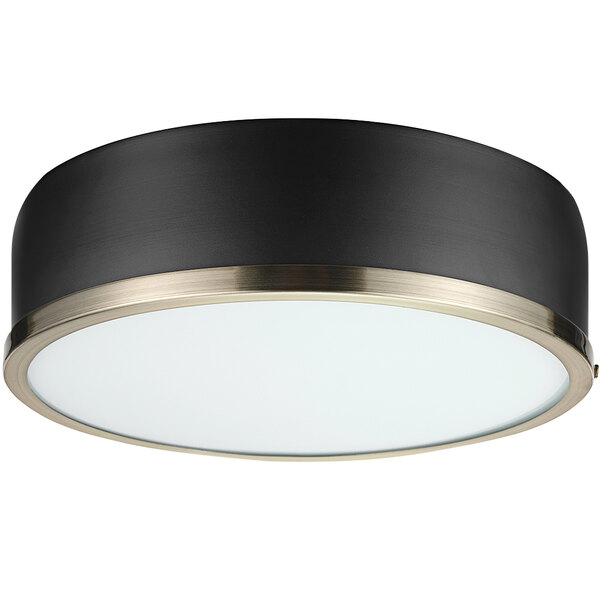 A Globe black and gold ceiling light with a frosted white glass shade.