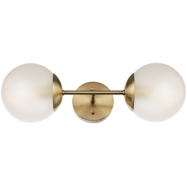 A Globe Modern Brass Wall Sconce with two frosted glass globes.