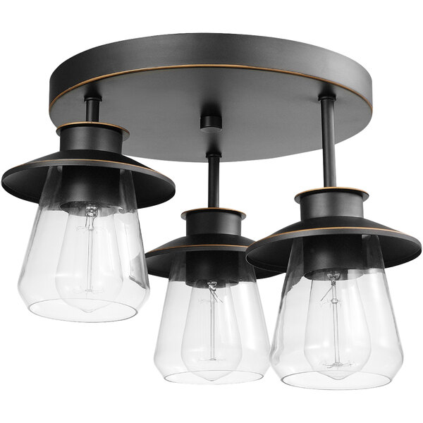 A Globe oil-rubbed bronze semi-flush mount ceiling light with three clear glass shades.