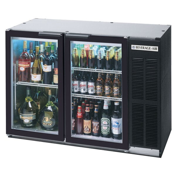 A black Beverage-Air back bar wine refrigerator with glass doors.