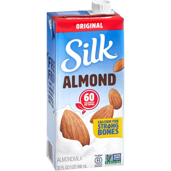 A white carton of Silk Almond Milk with almonds.