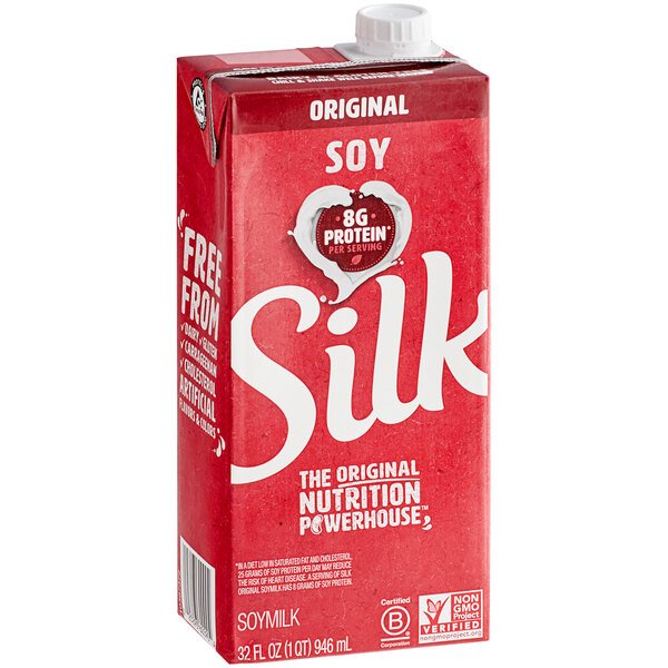 A red carton of Silk soy milk on a white background.
