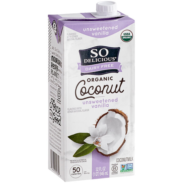 A case of 12 So Delicious Organic Unsweetened Vanilla Coconut Milk cartons.