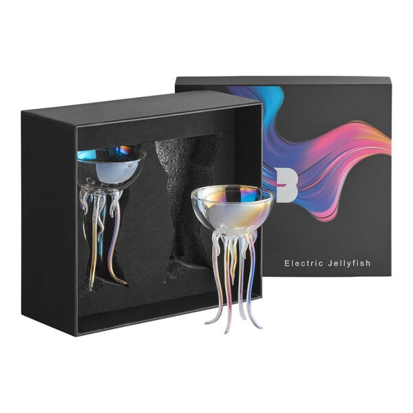 A box with two jellyfish shaped cocktail glasses inside.
