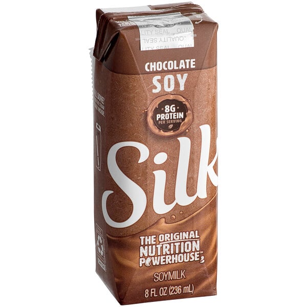 An 18-count case of brown Silk Chocolate Soy Milk cartons.