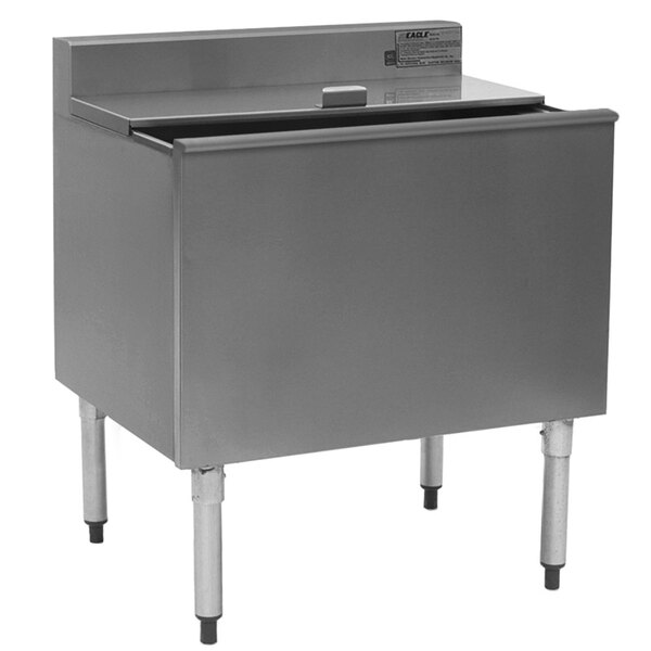 An Eagle Group stainless steel insulated underbar ice chest with a cold plate inside.