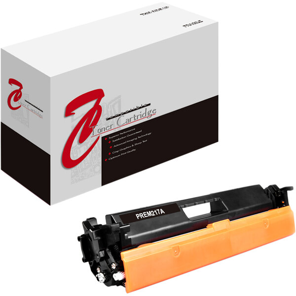 A white box with a black and orange Point Plus remanufactured printer toner cartridge for HP CF217A.