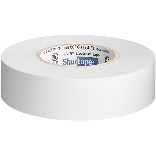 A roll of white Shurtape electrical tape with a label.