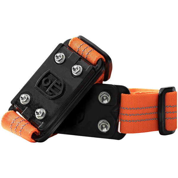 A pair of black and orange straps with silver bolts.