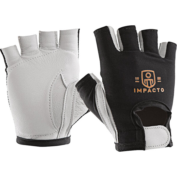 A pair of white Impacto leather half finger gloves with a black logo.