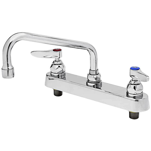 A chrome T&S deck-mounted workboard faucet with lever handles and an 8" swing nozzle.