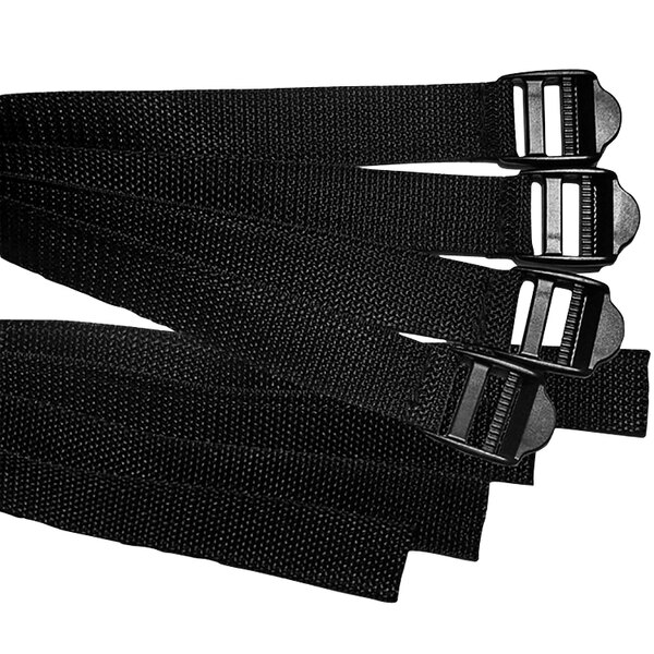 A set of four black Impacto METSTRAP straps with metal buckles.