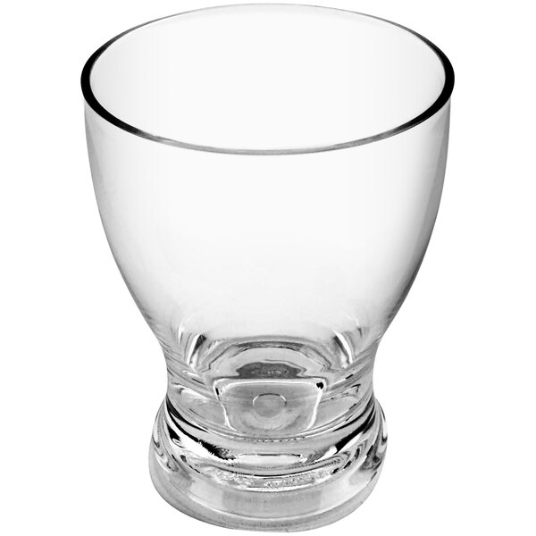 A clear GET plastic flared tumbler with a small rim.