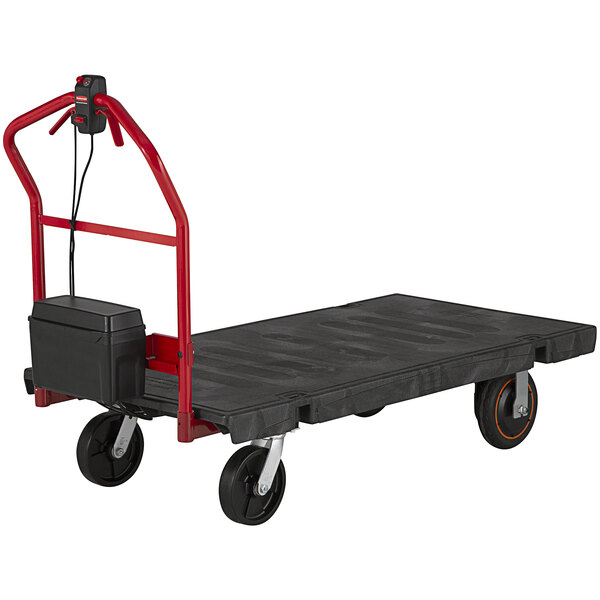 A black and red motorized kit for a Rubbermaid platform truck with a red handle.
