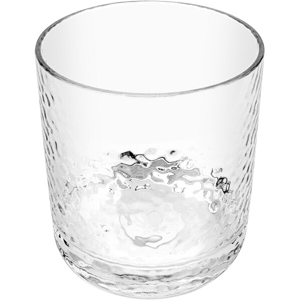 A clear GET Hammered plastic rocks glass with a textured surface.