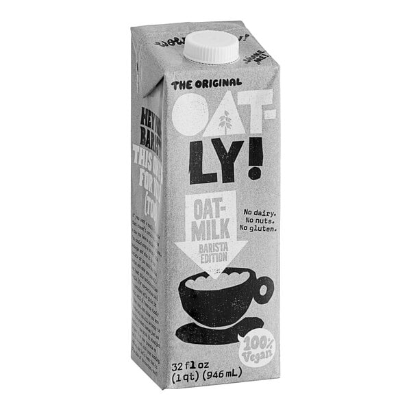 A close-up of a carton of Oatly Barista Edition Oat Milk.