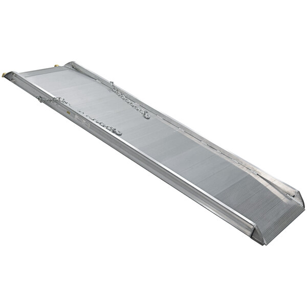 A silver aluminum walk ramp with steel hooks attached.