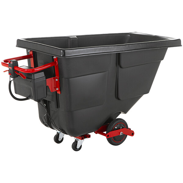 A black Rubbermaid garbage cart on wheels with red accents.