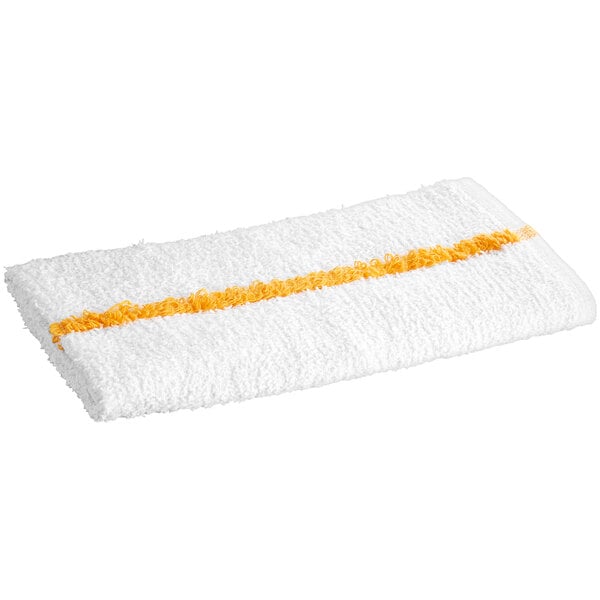 A white towel with yellow stripes.