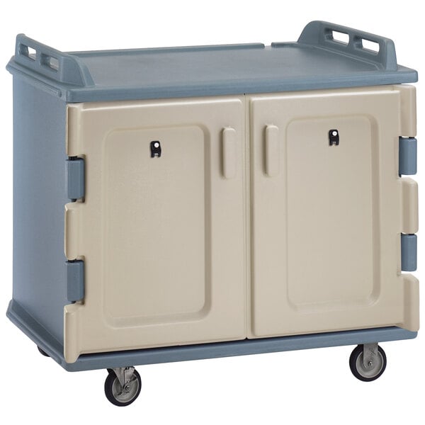 A slate blue plastic Cambro meal delivery cart with wheels and two doors.