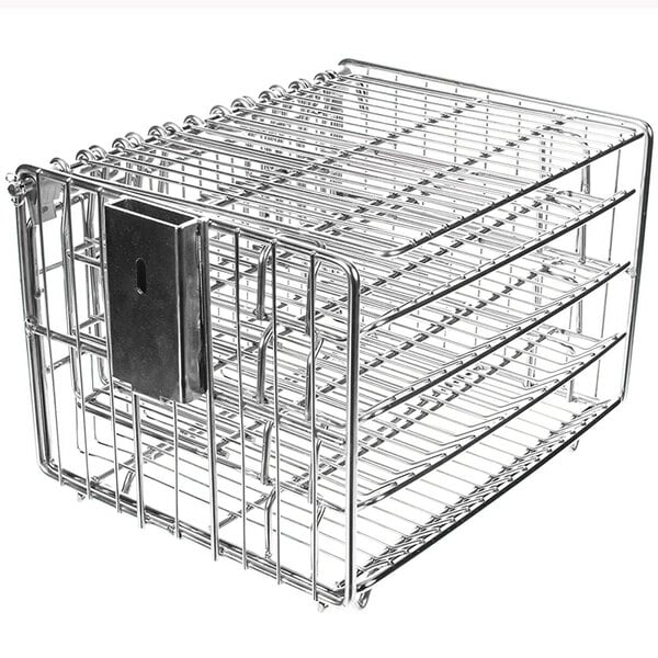 A Henny Penny stainless steel wire basket with a handle.