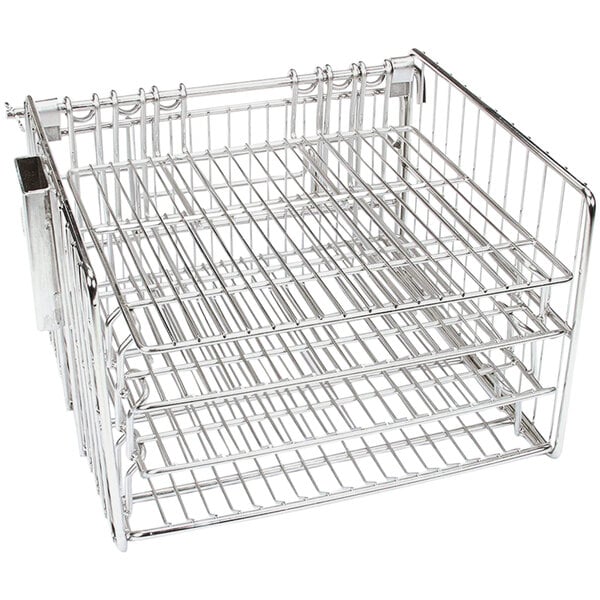 A Henny Penny stainless steel basket with three racks inside.