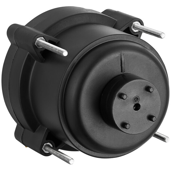 A black Avantco condenser fan motor with two metal screws.