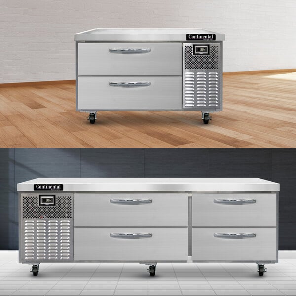 A stainless steel Continental Refrigerator chef base with drawers under a counter.