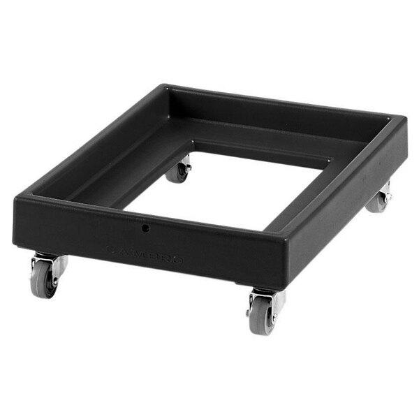 A black square Cambro milk crate dolly with wheels.