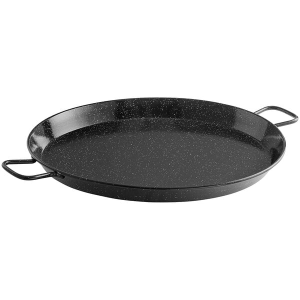 A black speckled Vigor paella pan with handles.