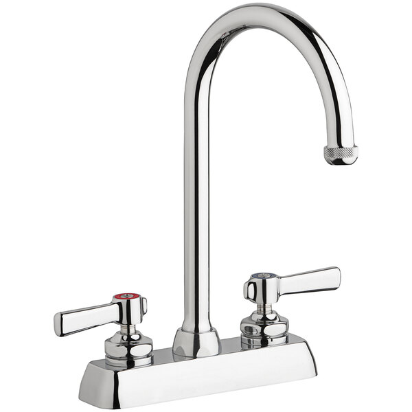 A chrome Chicago Faucets deck-mounted faucet with two lever handles and a gooseneck spout.