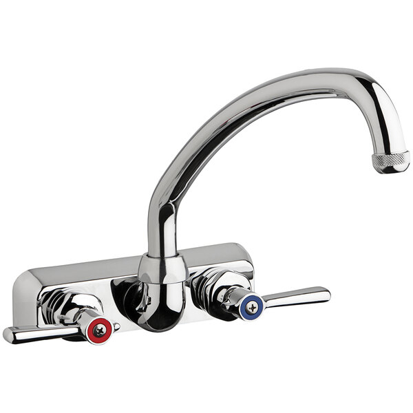 A chrome Chicago Faucets wall-mounted faucet with 2 silver lever handles.