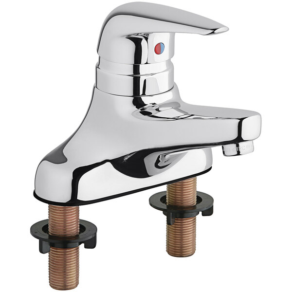 A silver and chrome Chicago Faucets deck-mounted faucet with 4" centers and a red button.