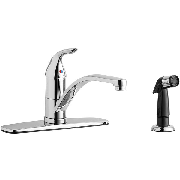 A Chicago Faucets deck-mounted chrome faucet with side spray.
