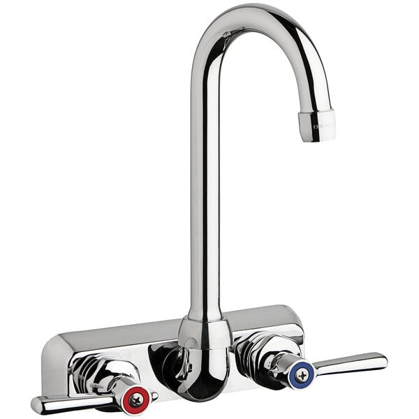 A silver Chicago Faucets wall-mounted faucet with gooseneck spout and lever handles.