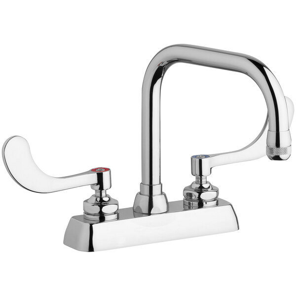 A silver Chicago Faucets deck-mounted faucet with 4" wristblade handles.