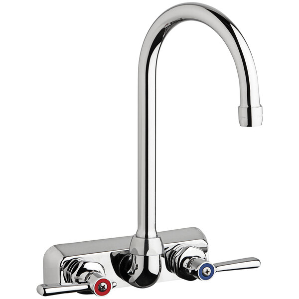 A silver Chicago Faucets wall-mounted faucet with 4" centers, a gooseneck spout, and 2 lever handles.