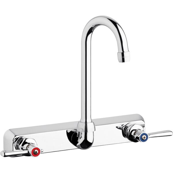 A white and chrome Chicago Faucets wall-mounted faucet with gooseneck spout and knobs.