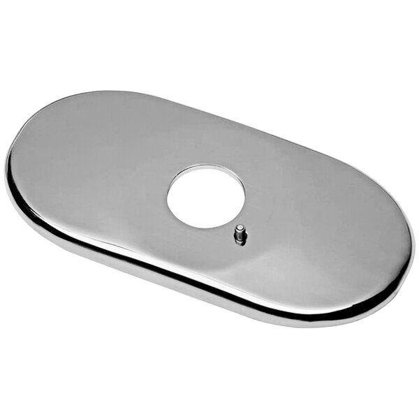 A silver rectangular Chicago Faucets cover plate with a hole.