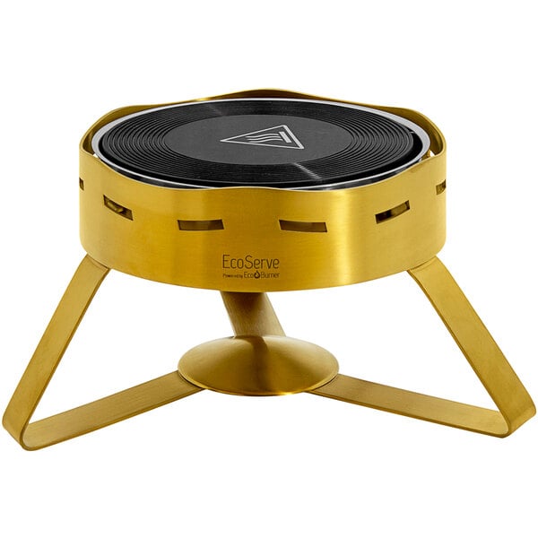 A gold EcoServe chafer stand with a black circle on it.