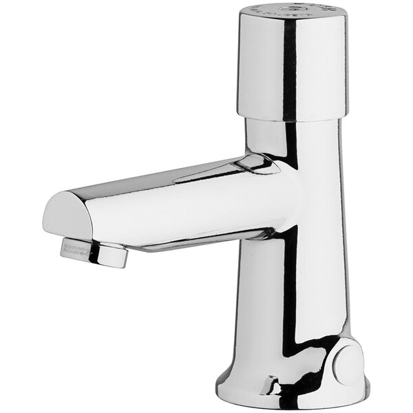 A silver Chicago Faucets metering faucet with a single handle on a white background.