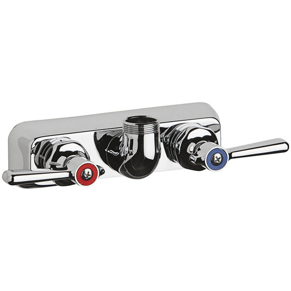 A chrome Chicago Faucets wall-mounted faucet base with 2 lever handles.