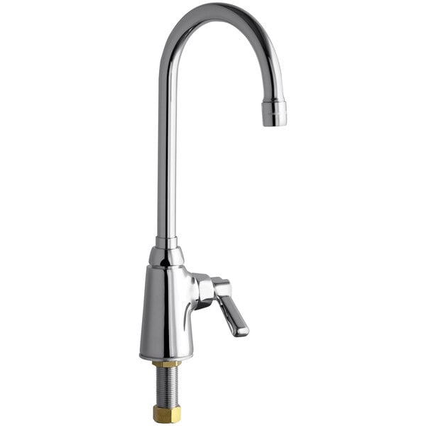 A chrome deck-mounted Chicago Faucets single-hole faucet with a gooseneck spout and lever handle.