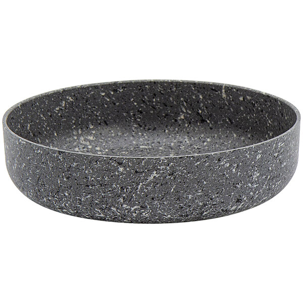 A round black powder-coated aluminum dish with a grey speckled surface.