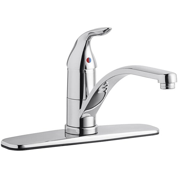 A Chicago Faucets deck-mounted faucet with a chrome finish and a single handle with a red dot.