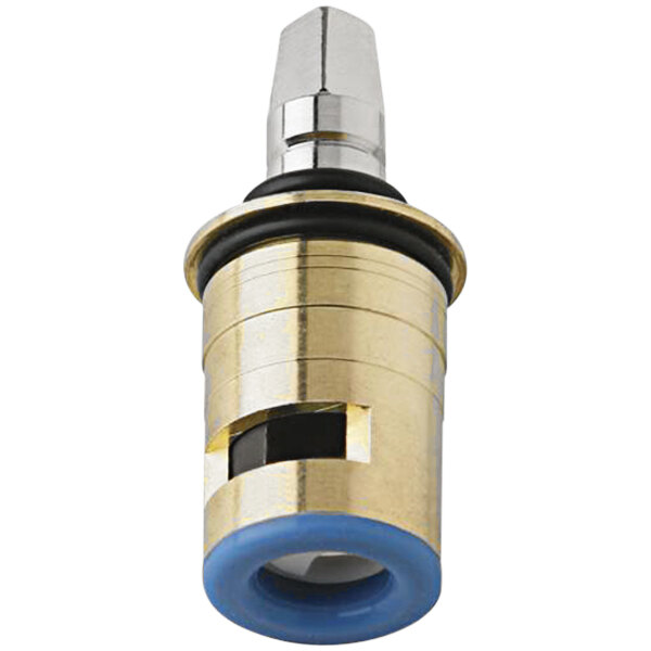 A close-up of a metal and blue Chicago Faucets ceramic cartridge with brass threading.