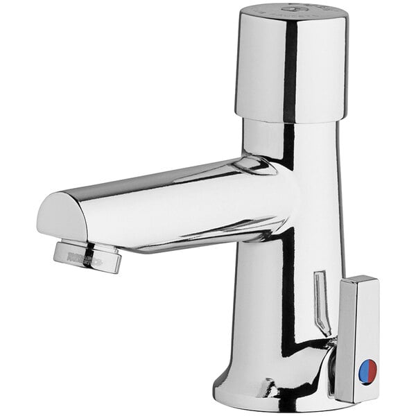 A silver Chicago Faucets metering faucet with a single lever.