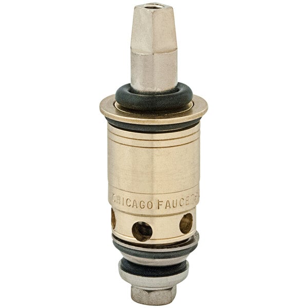 A Chicago Faucets brass and black Quaturn compression operating cartridge in display packaging.