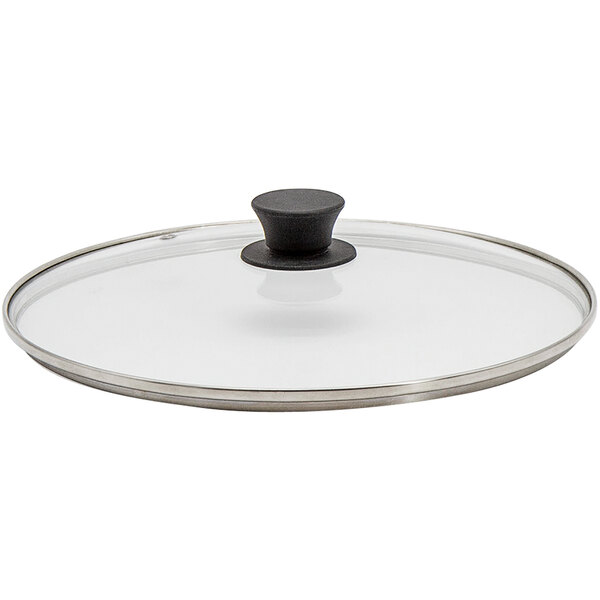 A glass lid with a black handle for an EcoServe round chafer.